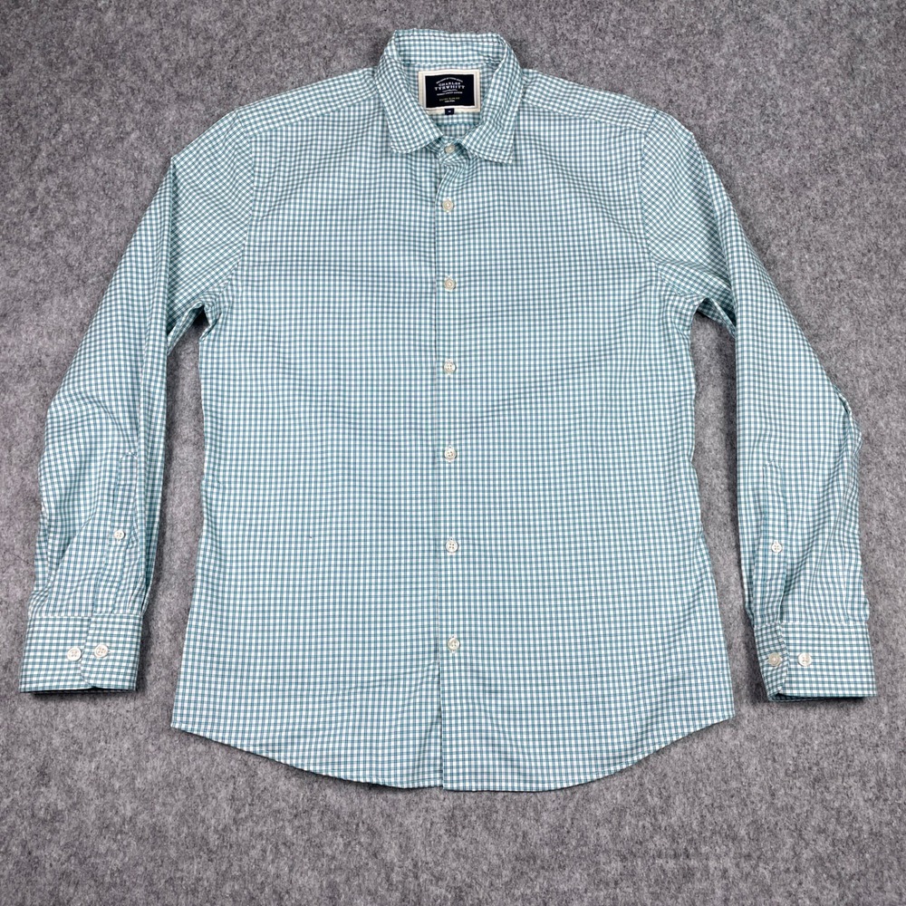 Charles Tyrwhitt Shirt Mens Medium Teal Gingham Extra Slim‎ Fit Non-Iron